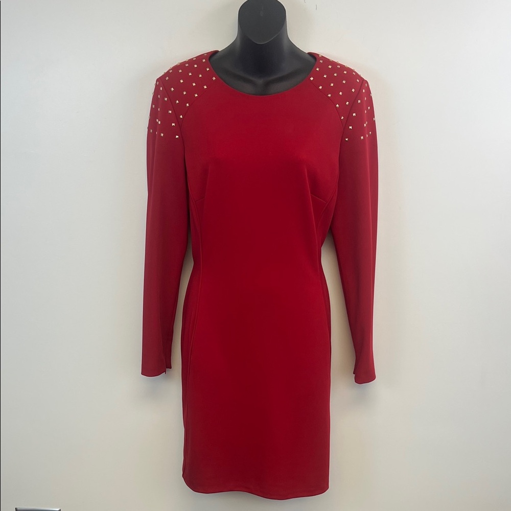 Tahari ASL Women's True Red Dress with Gold Embellishments and Zipper Size 10